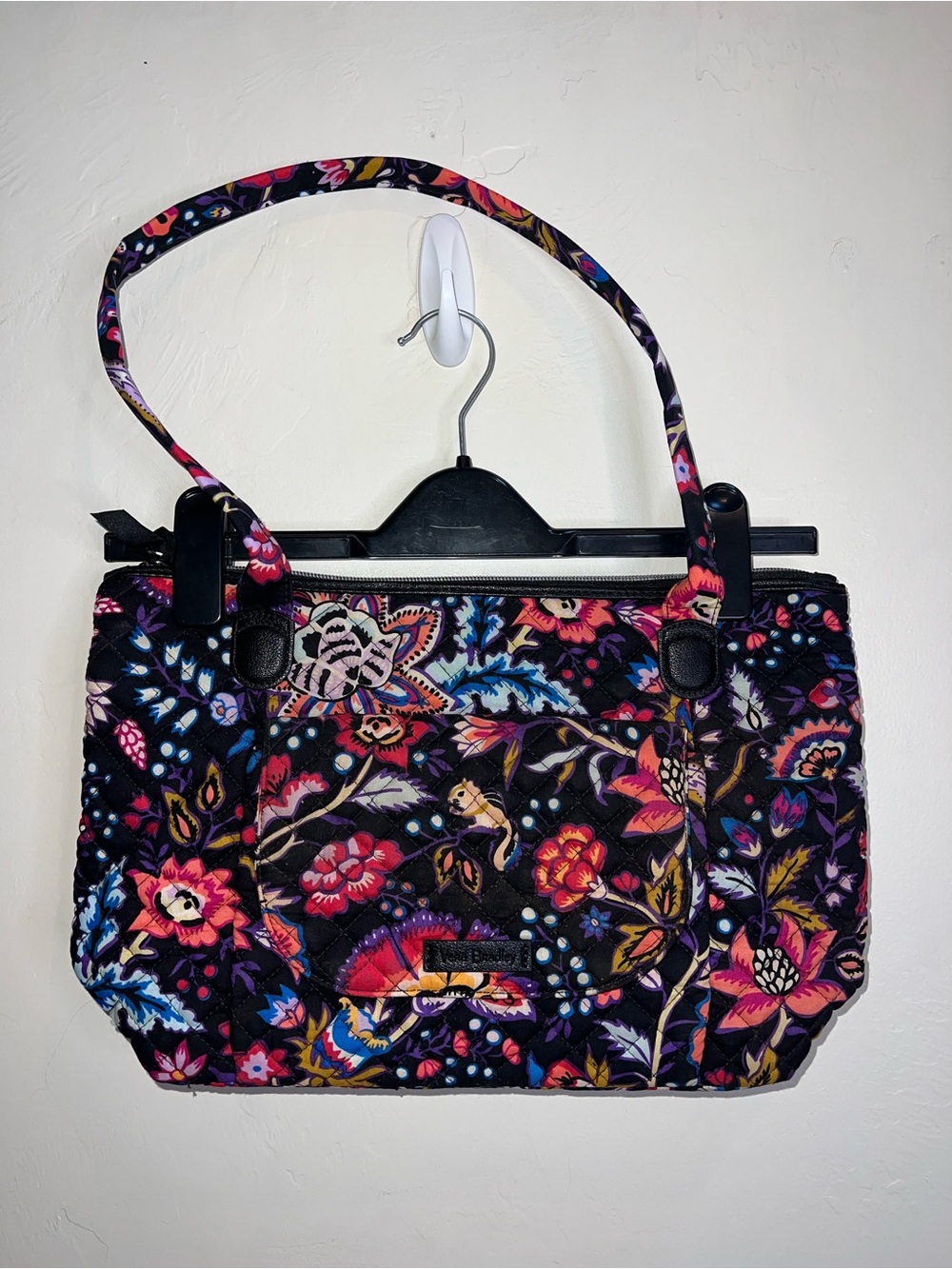 Vera Bradley Black Quilted Tote with Pink, Purple and Blue Floral Print